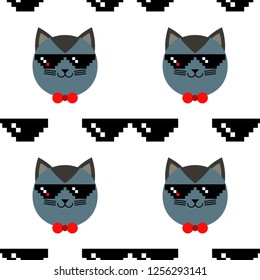 Seamless vector pattern with cats in pixel glasses on white background. Cute cartoon. Can be used for wallpaper, textile, invitation card, wrapping, web page background.