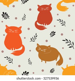 Seamless vector pattern with cats and plants/