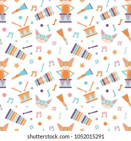 Seamless vector pattern with cats playing drum, music instruments, xylophone, trumpet on transparent background. 