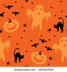 Seamless vector pattern with cats and pumpkins on orange background. Simple Halloween wallpaper design with ghosts. Scary holiday fashion textile.