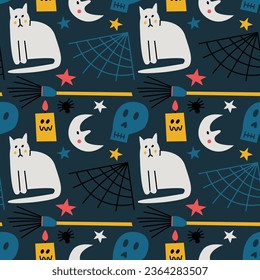 Seamless vector pattern with cats, skulls, candles and spiders. Halloween cute and gothic design for fabric and paper, surface textures. 