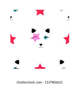 Seamless vector pattern with cats. Smiling cute cats background. Smiling cats cartoon seamless vector pattern