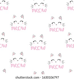 Seamless vector pattern with cats. Smiling cute cats background.