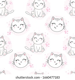 Seamless vector pattern with cats. Smiling cute cats background.