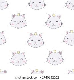 Seamless vector pattern with cats. Smiling cute cats background.