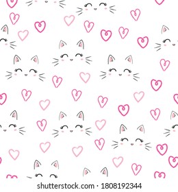 Seamless vector pattern with cats. Smiling cute cats background.