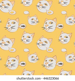 A seamless vector pattern with cats and speech bubbles. Cats are gray, with orange eyes and pink noses. Speech bubbles are with meat, with fish, and empty.