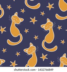 Seamless vector pattern with cats and stars on blue background. Cute animal wallpaper design with kitten in night sky. Sleeping cat.