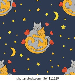 Seamless vector pattern with cats who hug each other. Love vector illustration.