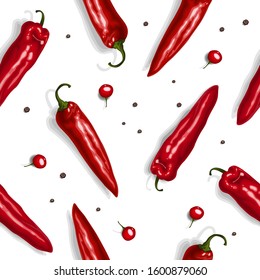 Seamless vector pattern with cayenne peppers and black pepper isolated top view 