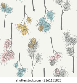 Seamless vector pattern and cedar branches   cones in pastel colors