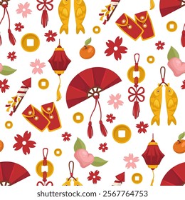 A seamless vector pattern celebrating Chinese New Year with bold colors and traditional symbols like fans, flowers, and lanterns. Perfect for festive projects and decor.