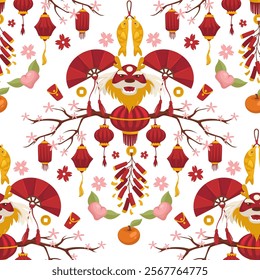 A seamless vector pattern celebrating Chinese New Year, featuring symbols like lanterns, fans, and flowers in a colorful style. Perfect for textiles and stationery.