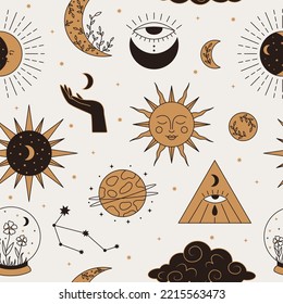 Seamless vector pattern with celectial elements in black and gold colors. Background with mystic sun, moon, eye, hand, cloud. Vintage boho space texture. Alchemy textile, wallpaper, wrapping paper