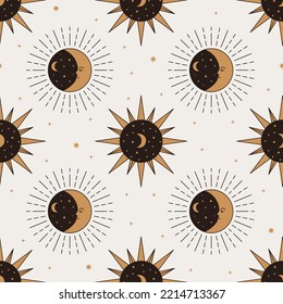 Seamless vector pattern with celectial sun and crescent elements in black and gold colors. Background with mystic moon symbol. Vintage boho lunar texture. Esoteric textile, wallpaper, wrapping paper