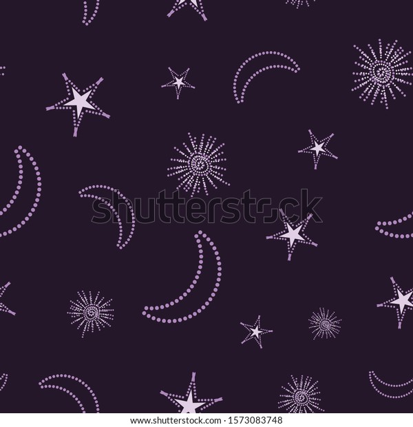 A seamless vector pattern with\
celestial bodies on a dark background. Dark surface print\
design.