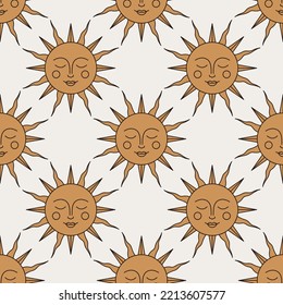 Seamless vector pattern with celestial sun in black and gold colors. Background with mystic sky symbol with face. Vintage boho texture. Esoteric textile, wallpaper, wrapping paper