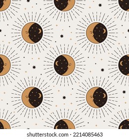 Seamless vector pattern with celestial sun and crescent in black and gold colors. Background with mystic moon symbol. Vintage boho lunar texture. Esoteric textile, wallpaper, wrapping paper design