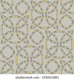 Seamless Vector Pattern With Celtic Knot Texture On Grey Background. Decorative Symbol Wallpaper Design. Grid Mosaic Fashion Textile.