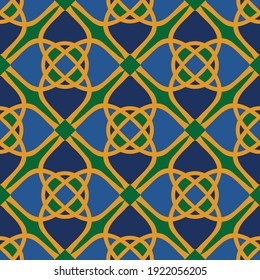 Seamless Vector Pattern With Celtic Knot Texture On Bright Green Background. Luxury Mosaic Wallpaper Design. Geometric Floor Tile Fashion Textile.