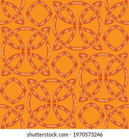 Seamless vector pattern with Celtic knot pattern on bright orange background. Embroidery tribal wallpaper design. Decorative symbol fashion textile.