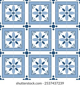 	Padrão de vetor sem emenda com azulejos de flores de cerâmica em estilo vintage.