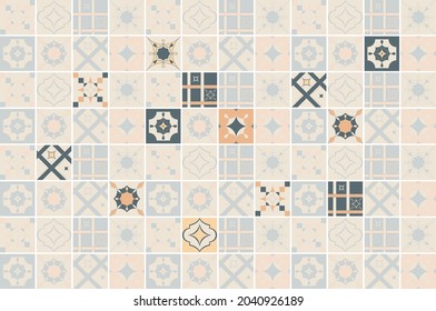 Nahtlose Vektormuster - Keramikfliesen mit geometrischen Elementen. Ziergrafik perfekt für Zierfliesen, Tapeten, Stoff, Leinen. Azulejos Portugal, türkisches Ornament, marokkanische Fliesen. 