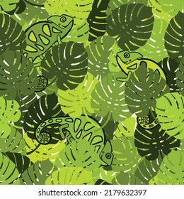 Seamless vector pattern with chameleons in different green hiding in a foliage of monstera leaves in different shades of green. Joyful jungle motif with reptiles.