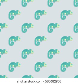 Seamless vector pattern with chameleons on a grey background.