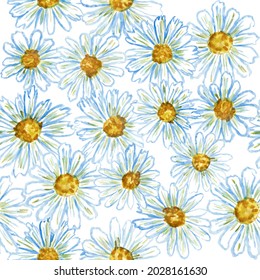 Seamless vector pattern of chamomile flowers. Hand-drawn blue and white flowers with yellow centers, stylized as watercolor