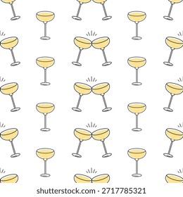 Seamless vector pattern with champagne cocktail glasses and clinking toast.Minimal hand drawn style with yellow sparkling drinks on white background.For celebration,party,wedding,festive design.EPS 10