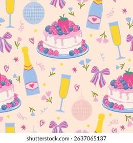Seamless vector pattern with champagne glass, disco ball, cake, flower, confetti, strawberry, and bow. Pastel color cute girly birthday party background.