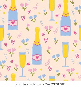 Seamless vector pattern with champagne glasses and bottle, confetti, flowers, and hearts Pastel color cute girly birthday party background.