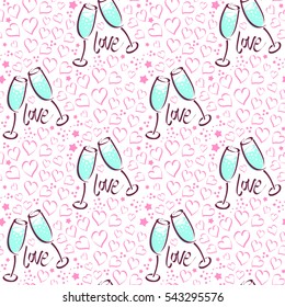 Seamless vector pattern with champagne glasses and hearts. Can be used for greeting cards, gift wrap, wallpapers, fabric, surface textures, pattern fills, web page background.