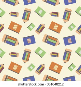 Seamless vector pattern, chaotic background with colorful  pencils and notepads