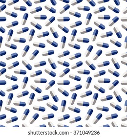 Seamless vector pattern, chaotic background with blue and white medical pills