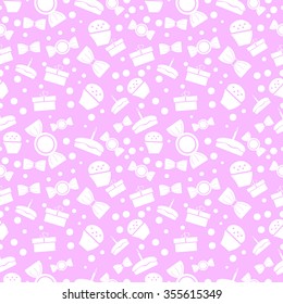 Seamless vector pattern. Chaotic pastel background with white sweets and gifts on the pink backdrop