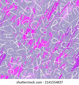 Seamless vector pattern with chaotic white letters of Latin alphabet on a lilac background and pink spots. Vector illustration.