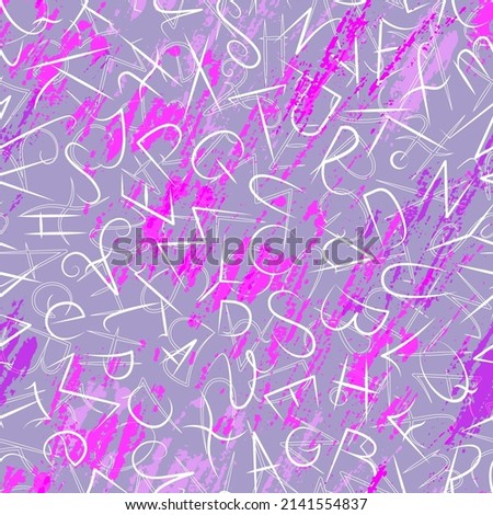 Seamless vector pattern with chaotic white letters of Latin alphabet on a lilac background and pink spots. Vector illustration.