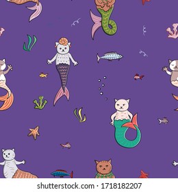 Seamless vector pattern of characters of mermaid cats. Elements of the sea, algae, starfish, waves, bubbles. Isolated elements on a purple background. Life under water. Design for baby fabric.