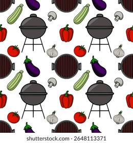 Seamless vector pattern of a charcoal grill with various vegetables like eggplant, zucchini, tomatoes, peppers, mushrooms, and onions, perfect for summer BBQ or cooking themes.