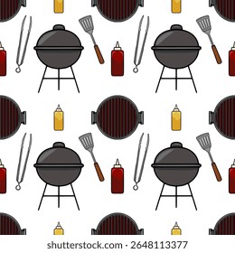 Seamless vector pattern of a charcoal grill, spatula, tongs, ketchup, and mustard bottles, perfect for BBQ-themed designs.