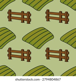 Seamless vector pattern of charming cartoon farm fields with wooden fences, agricultural background
