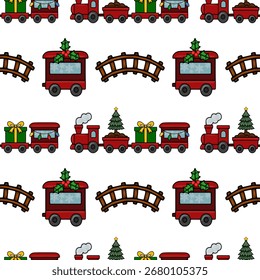 Seamless vector pattern of a charming Christmas train with gifts, a Christmas tree, and holly, perfect for festive designs and wrapping paper.