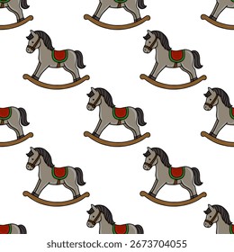 Seamless vector pattern of charming gray rocking horses with red and green saddles, perfect for childrens textile, wrapping paper, or festive designs.