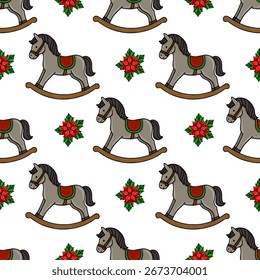 Seamless vector pattern of charming grey rocking horses and vibrant poinsettia flowers, creating a festive and playful Christmas design ideal for wrapping paper, textiles, or holiday decorations.