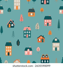 Seamless vector pattern with charming houses and colorful trees. Ideal for children's fabrics, wallpapers, gift wraps and playful backgrounds. Cozy, hand-drawn aesthetic.