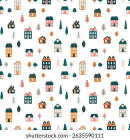 Seamless vector pattern with charming houses and colorful trees. Ideal for children's fabrics, wallpapers, gift wraps and playful backgrounds. Cozy, hand-drawn aesthetic.