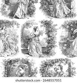 Padrão de vetor sem emenda com senhoras encantadoras no jardim de rosas. Ilustração estilo Vintage Toile de Jouy.