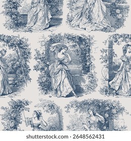 Padrão de vetor sem emenda com senhoras encantadoras no jardim de rosas. Ilustração estilo Vintage Toile de Jouy.